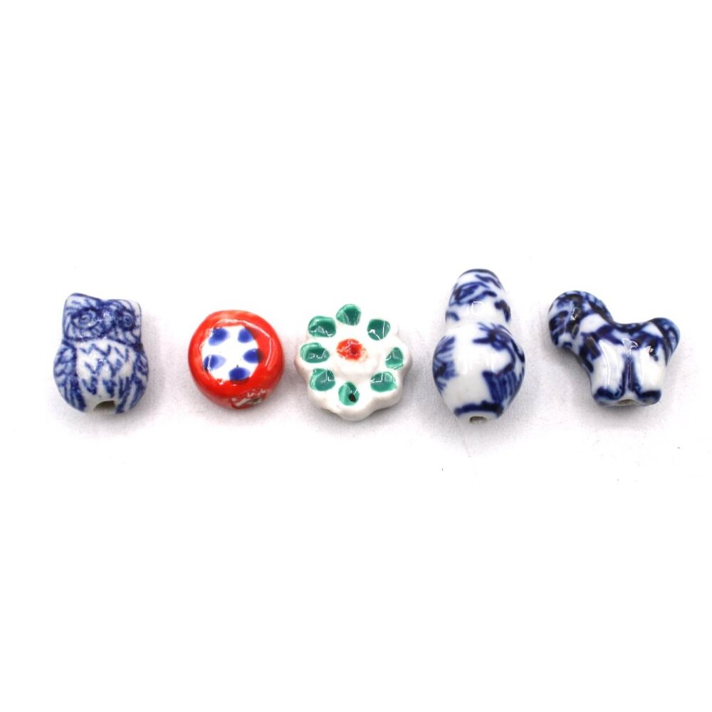 Hand-Painted Porcelain Ceramic Beads Set Of 5 Necklace Bracelet Charms Crafts